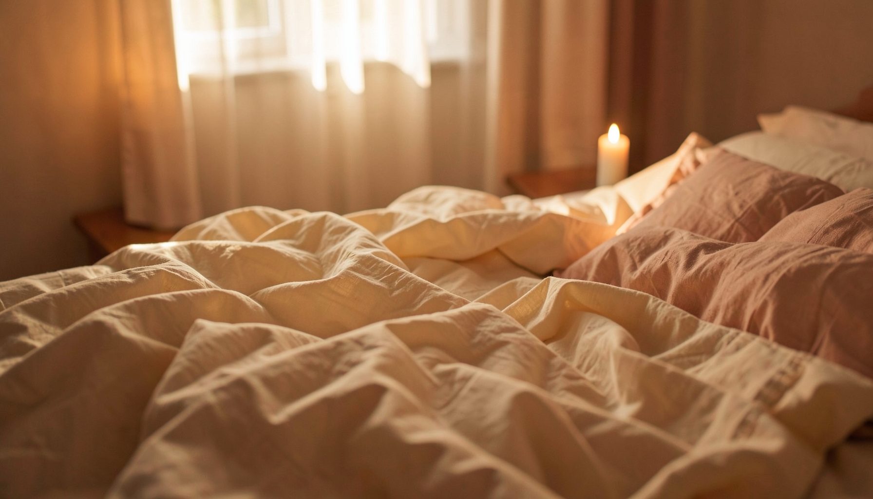 Soft candlelit bedroom scene with rumpled cream linen bedding, warm amber and blush tones, and gentle morning light filtering through