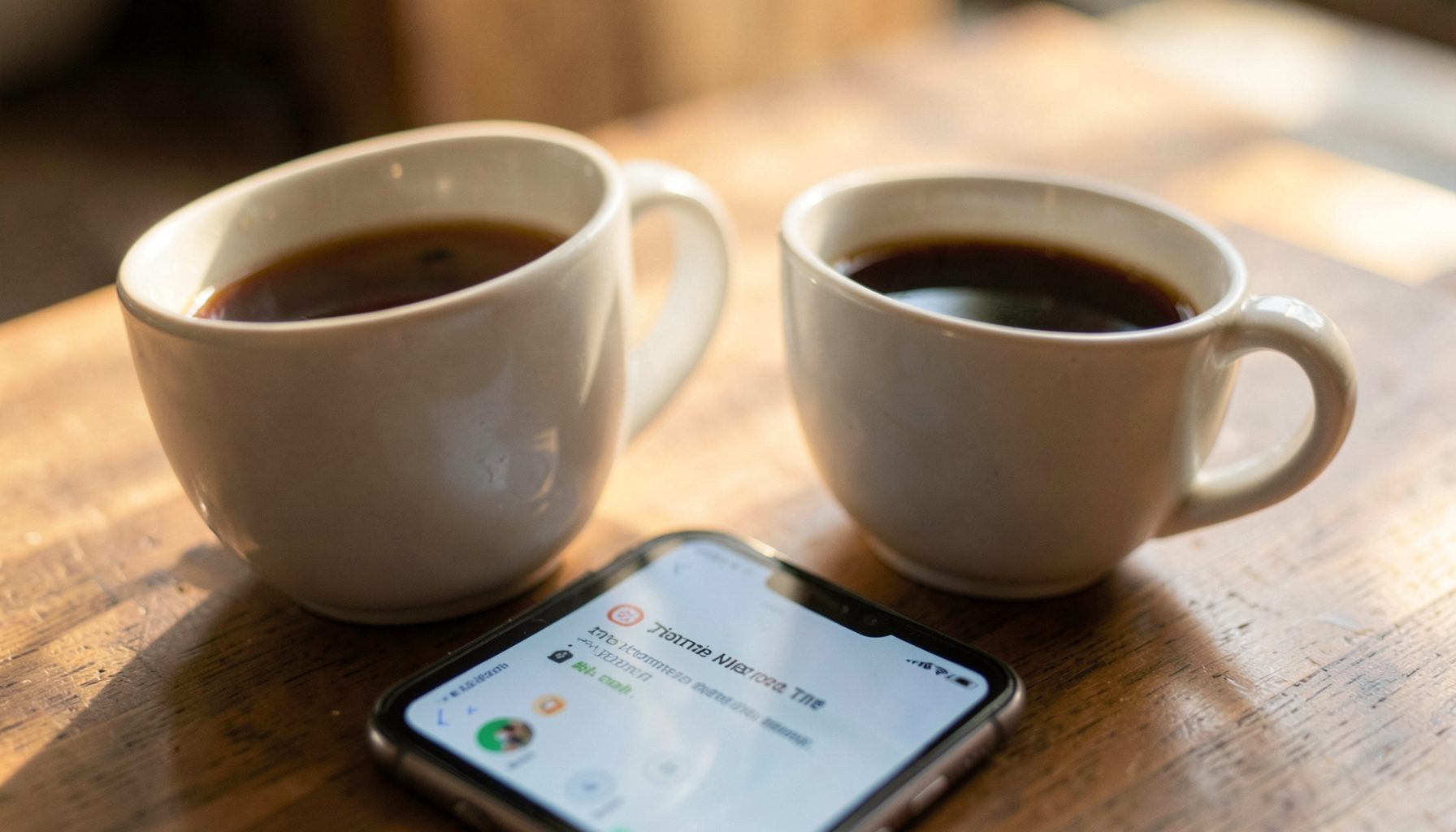 A close-up of two coffee cups on a wooden table near a smartphone displaying a message notification, warm morning light creating a relaxed, intimate mood