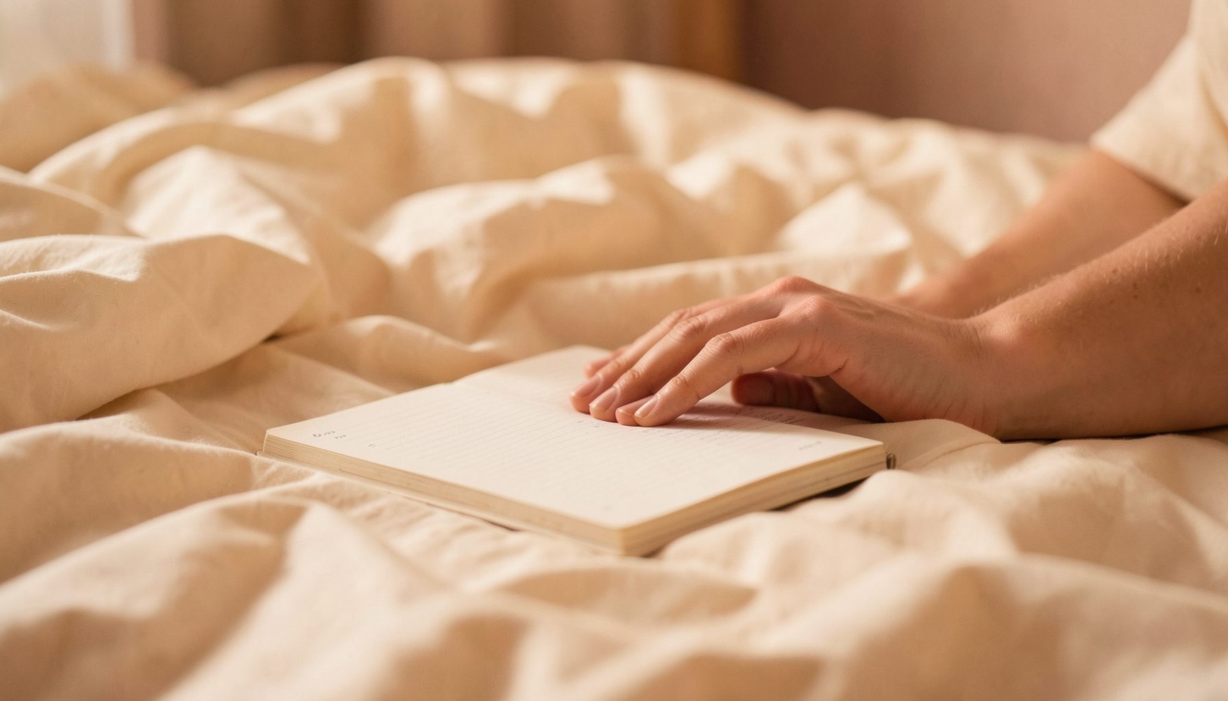A softly lit bedroom scene with rumpled cream-colored sheets and a woman's hand resting gently on an open notebook, warm