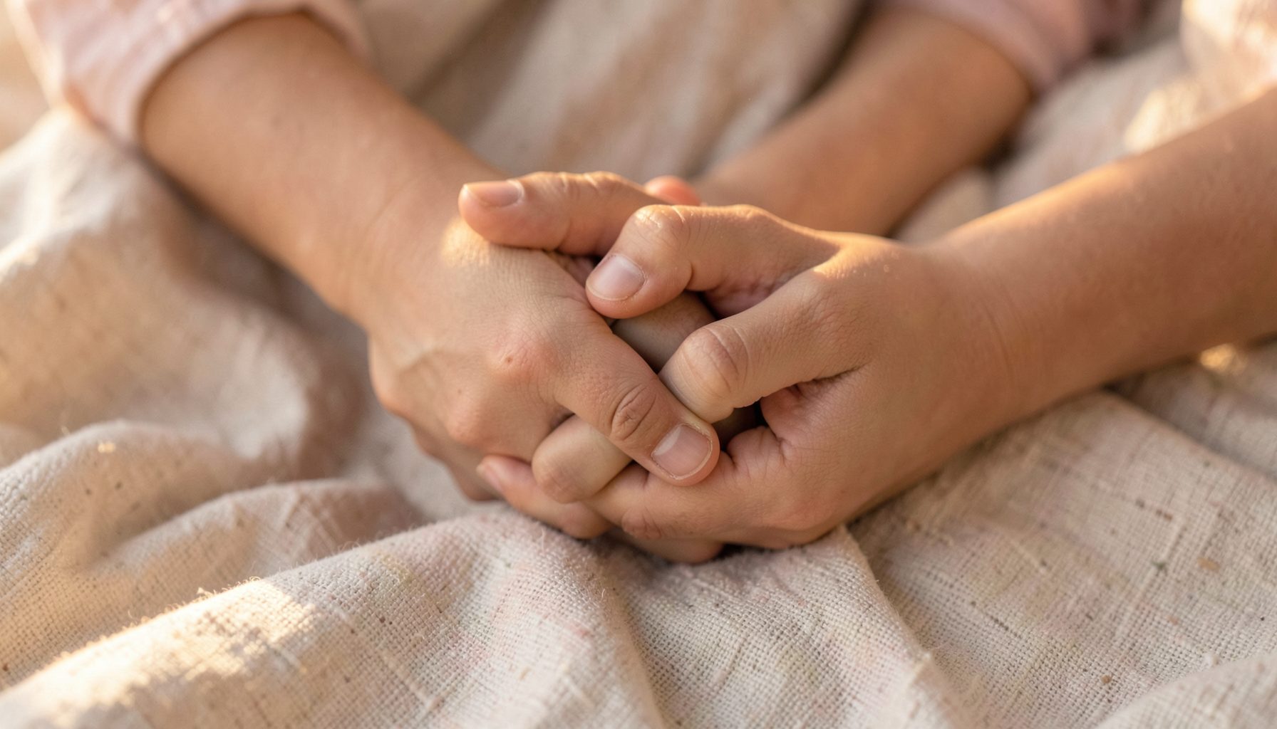 Close-up of two hands intertwined on a textured linen throw, soft golden-hour light, muted blush and ivory tones suggesting closeness and tenderness